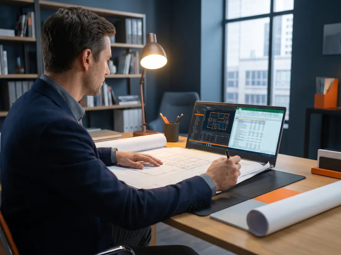 Estimator reviewing blueprints alongside takeoff software
