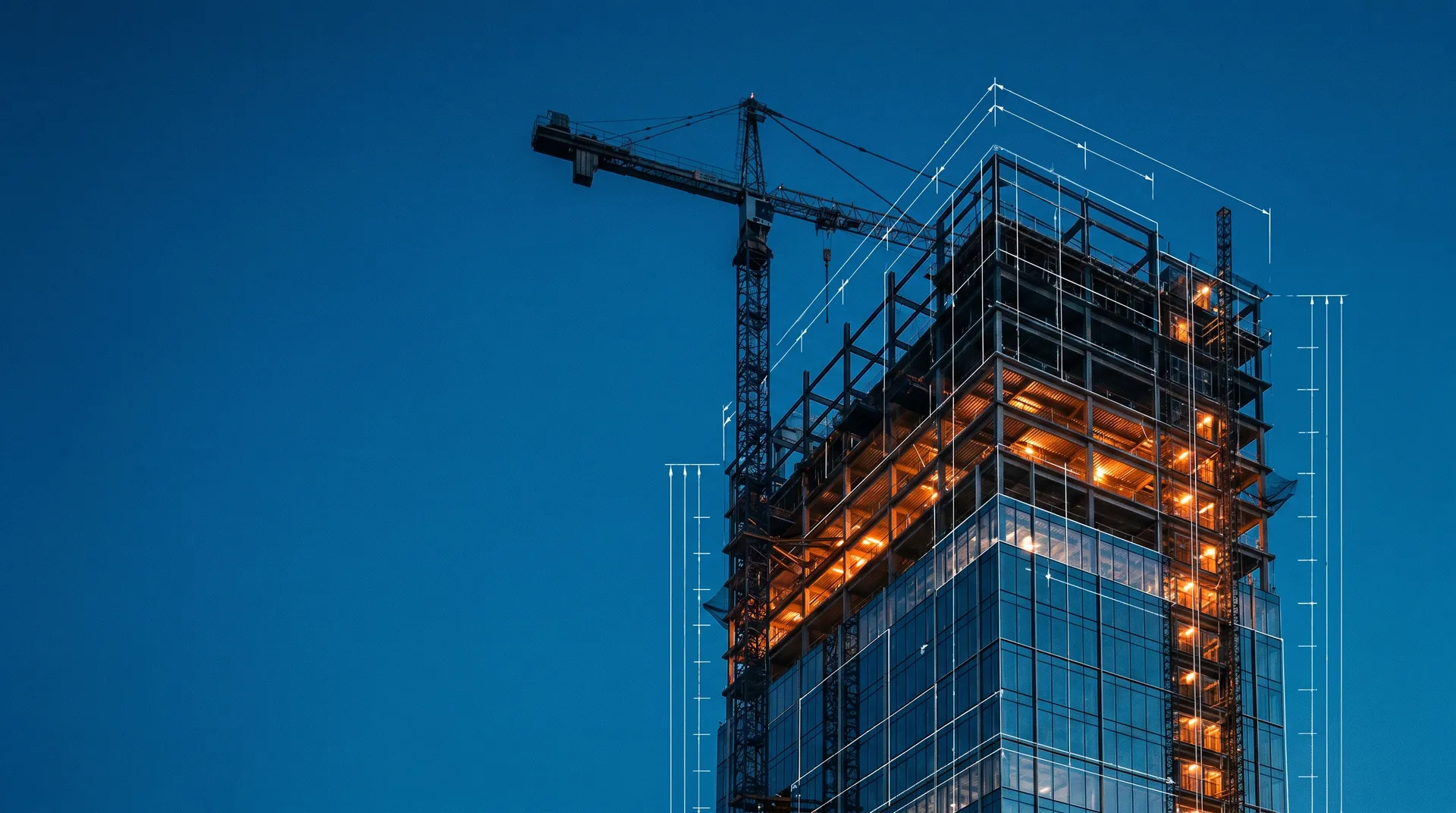 Steel-frame tower under construction at blue hour with blueprint dimension lines overlaid